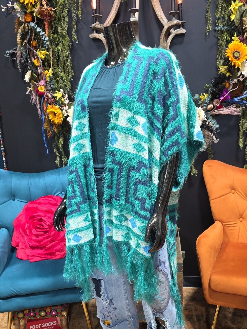 Free People Teal & Aqua Aztec Fringe Poncho Shrug